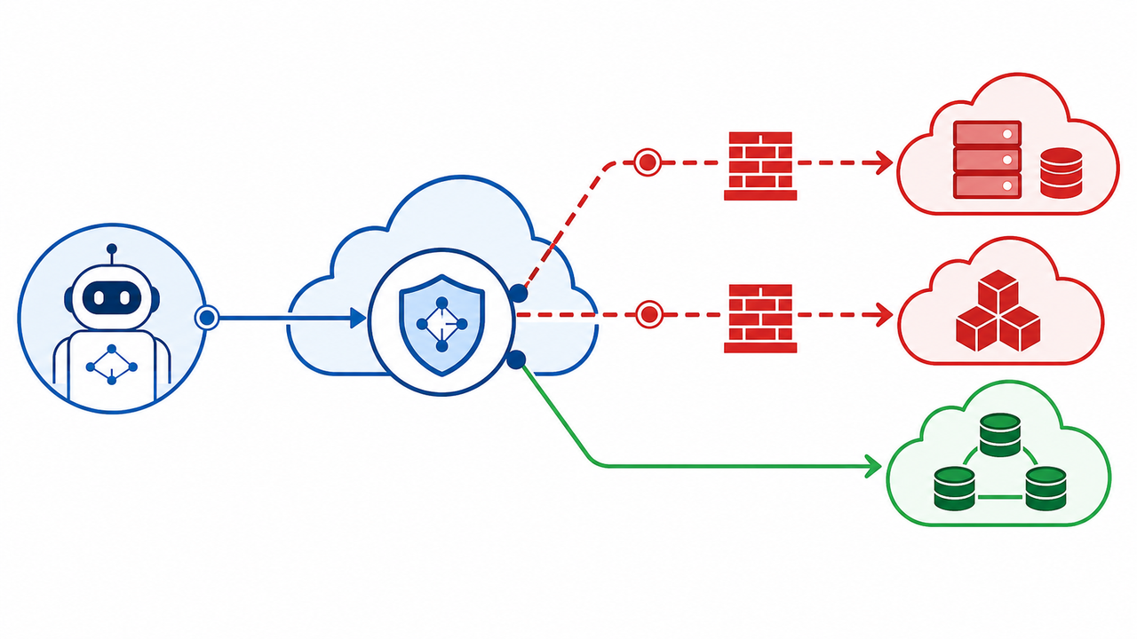 Technical illustration showing a gateway blocking unauthorized network paths.