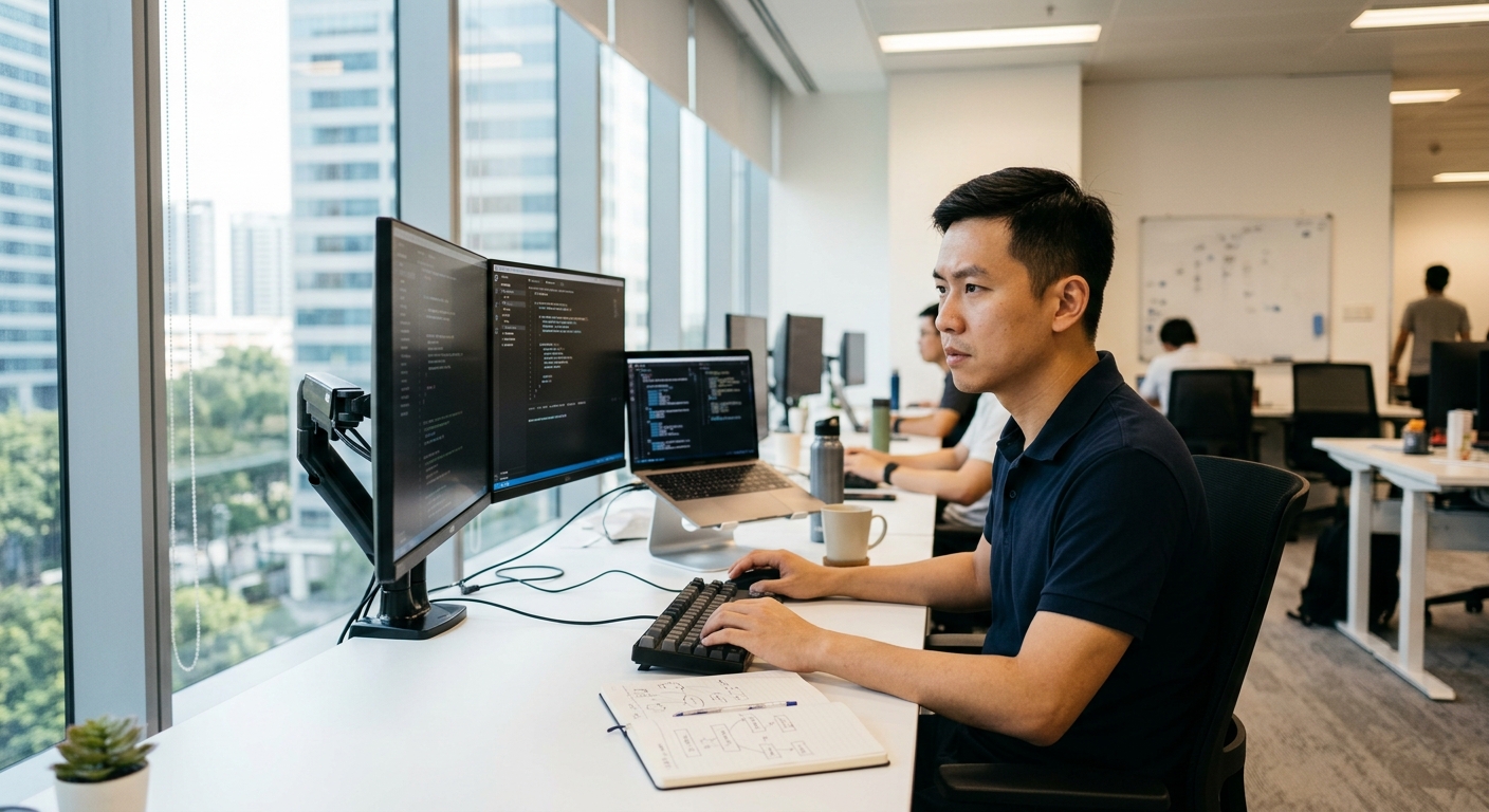 Singapore Chinese engineer focused on multiple computer screens in an office.