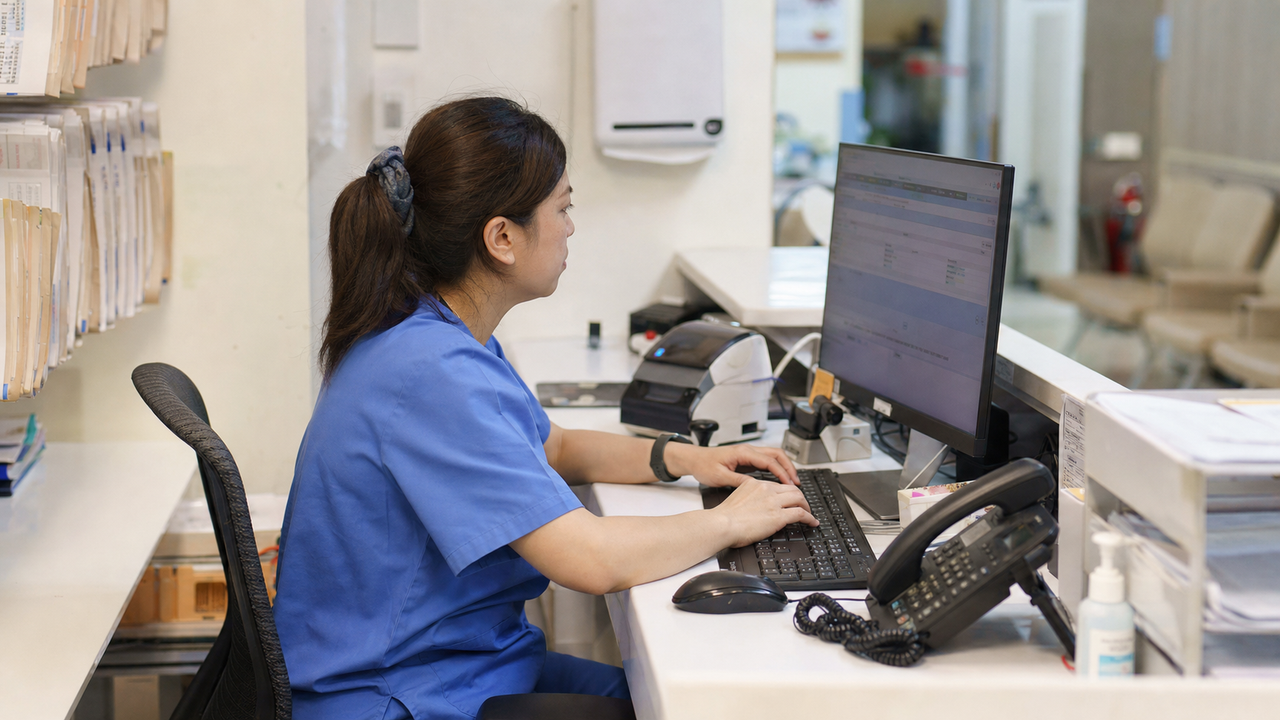 Triage nurse at a primary care clinic typing notes on a computer.