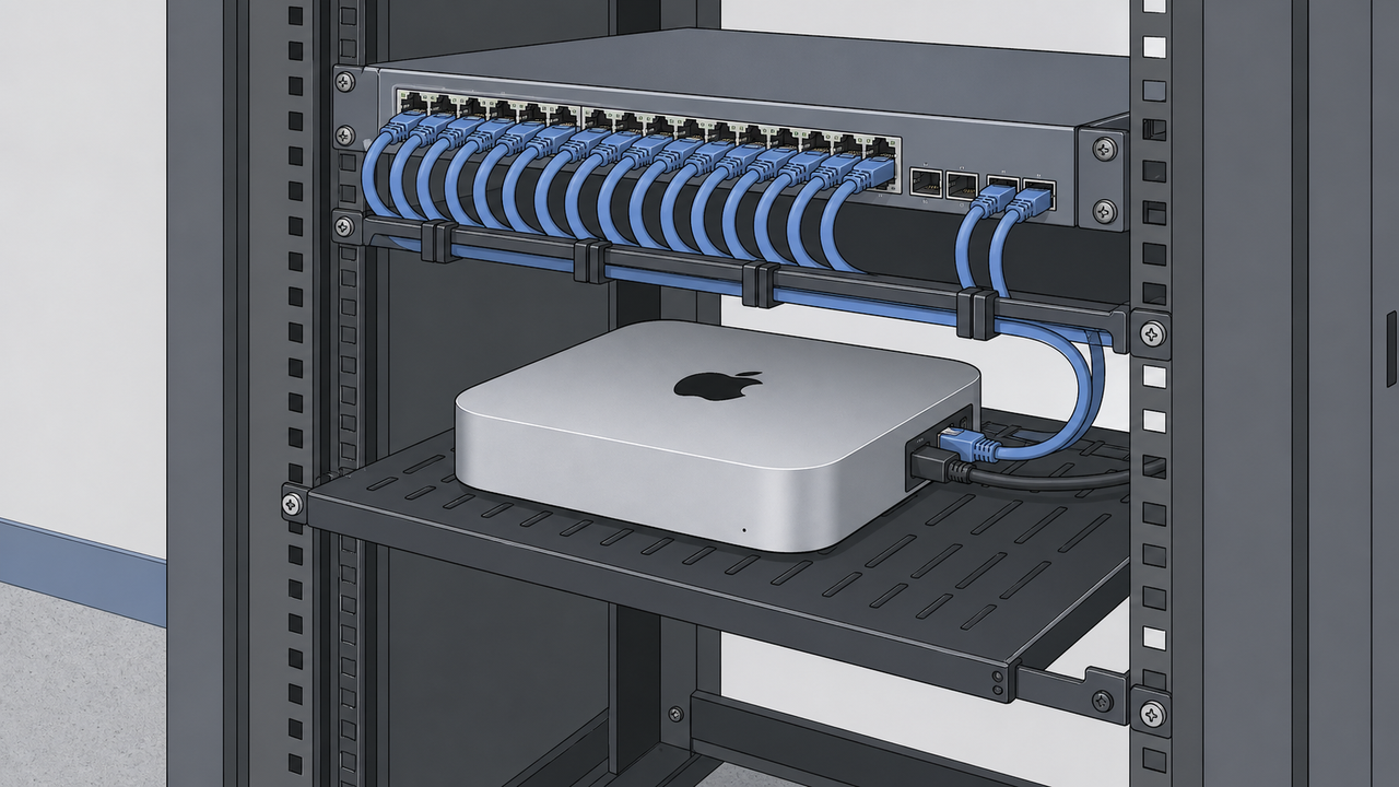 Technical illustration of a mini desktop computer wired inside a small IT server rack.
