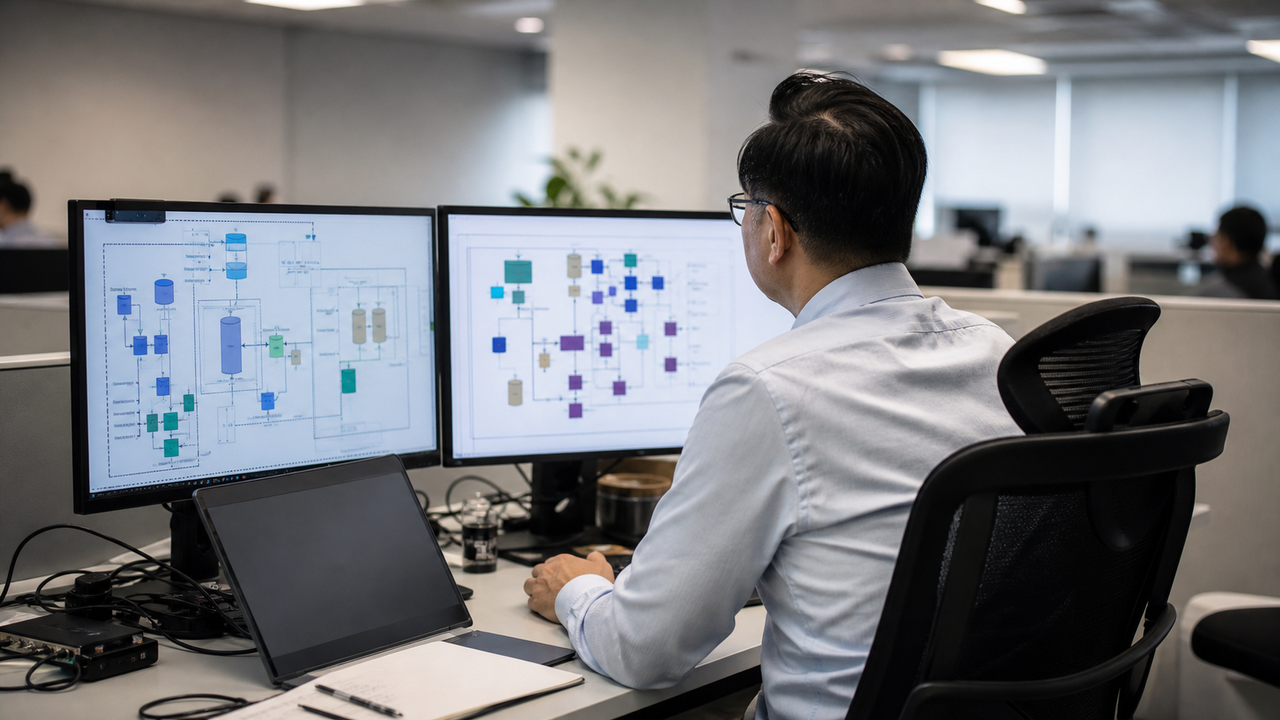 IT compliance officer reviewing system architecture on dual monitors in an office.