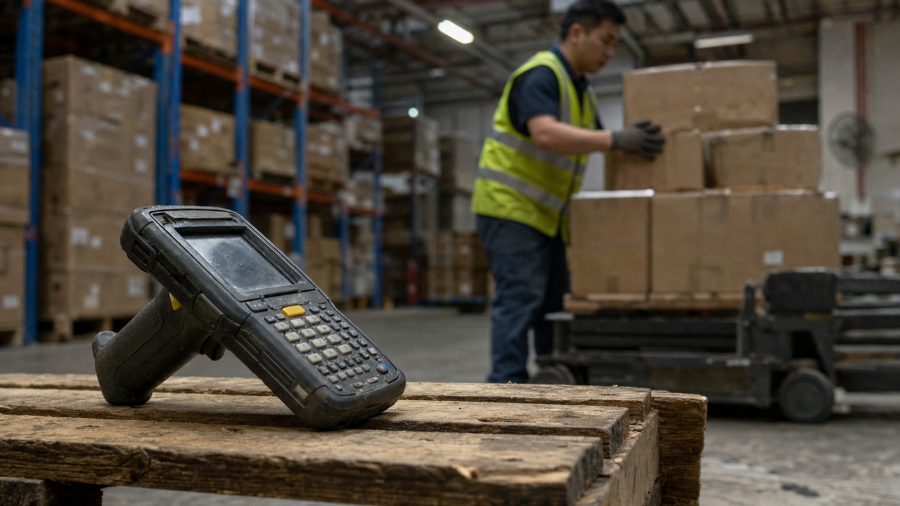 Rugged barcode scanner resting on a pallet in a warehouse.