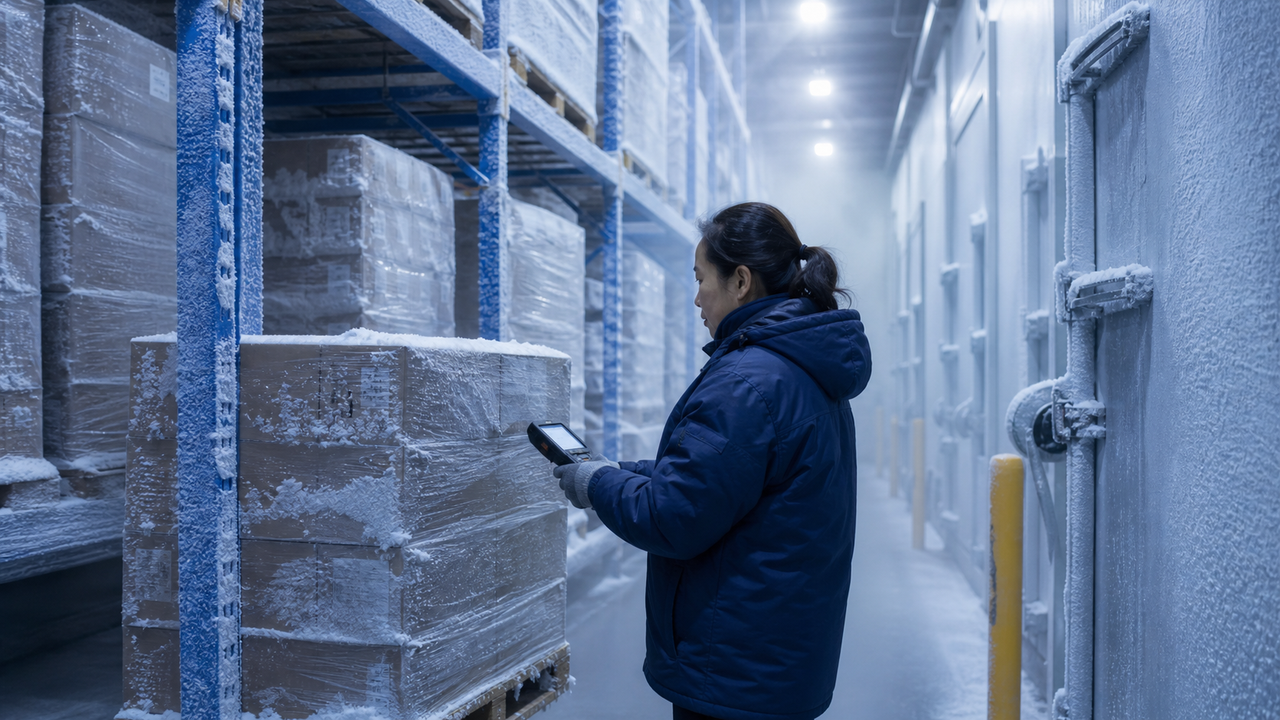 Professional scanning a pallet in a deep-freeze warehouse.
