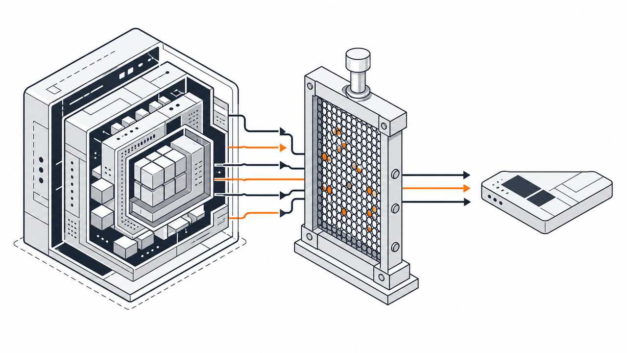 Technical illustration showing complex data simplified through a filter.