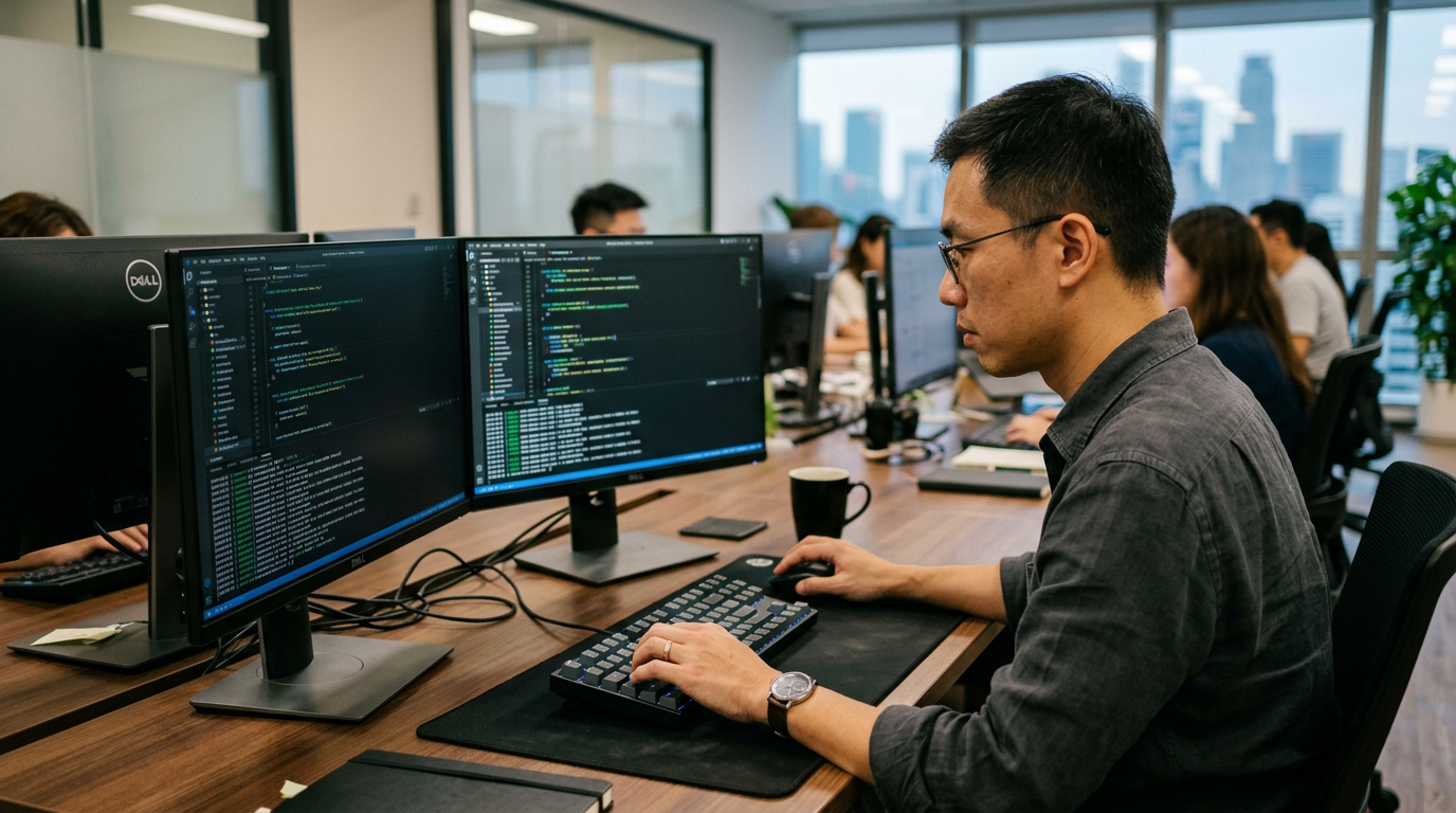 Singapore Chinese professional analyzing terminal output at a dual-monitor workstation.