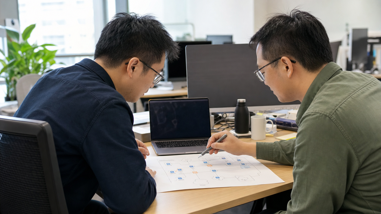 Two IT professionals reviewing an architecture diagram at a desk in a modern office.