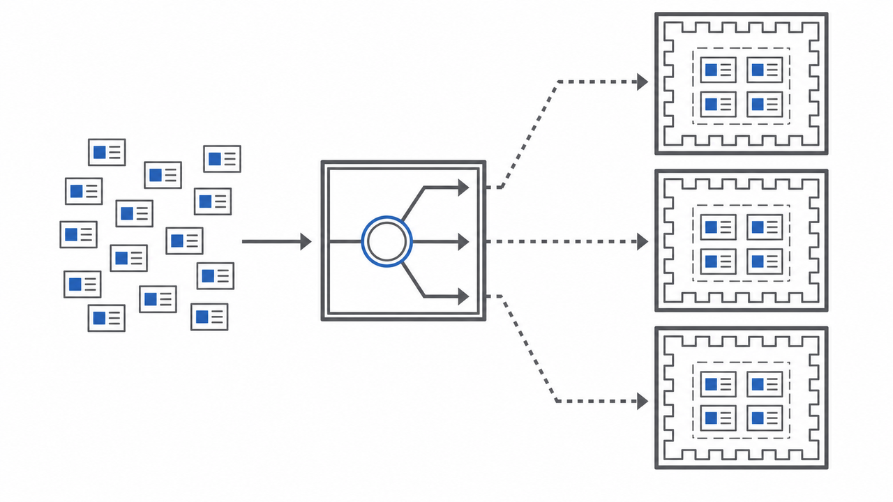 Clean technical illustration of a routing node sending data to isolated enclosures.