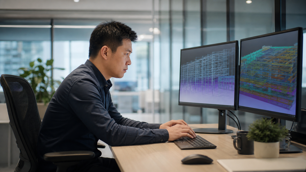 Singapore-Chinese IT professional focused on reviewing configurations at a workstation.