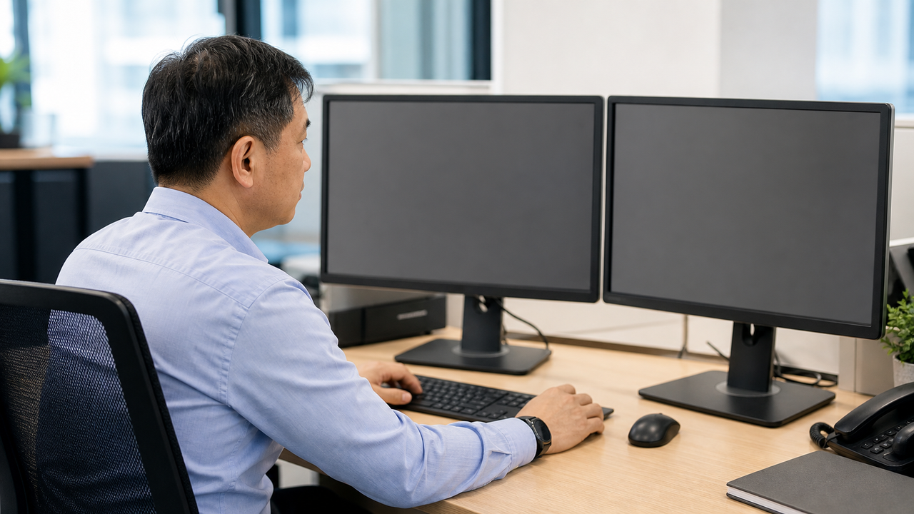 IT professional working at a desk with dual monitors.