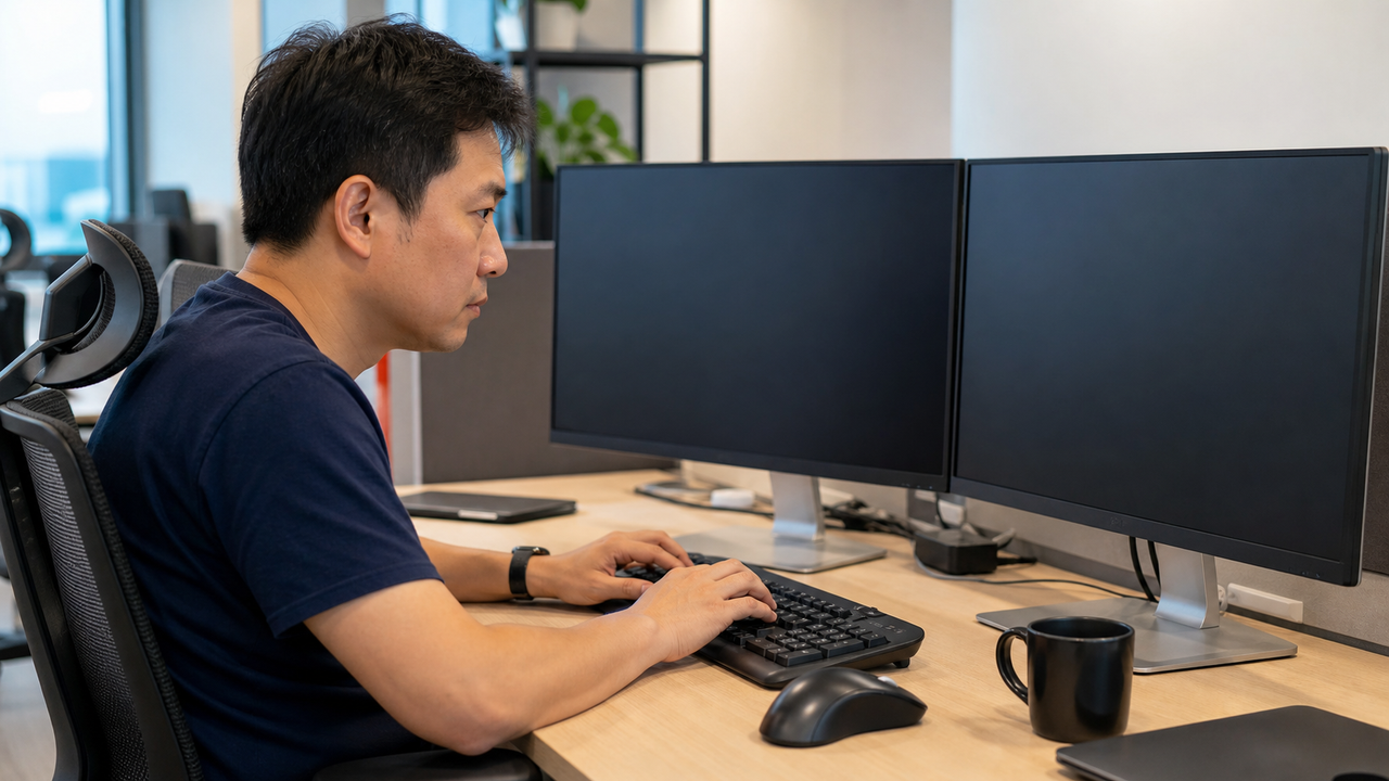 A focused engineer working at a desk with two computer monitors.