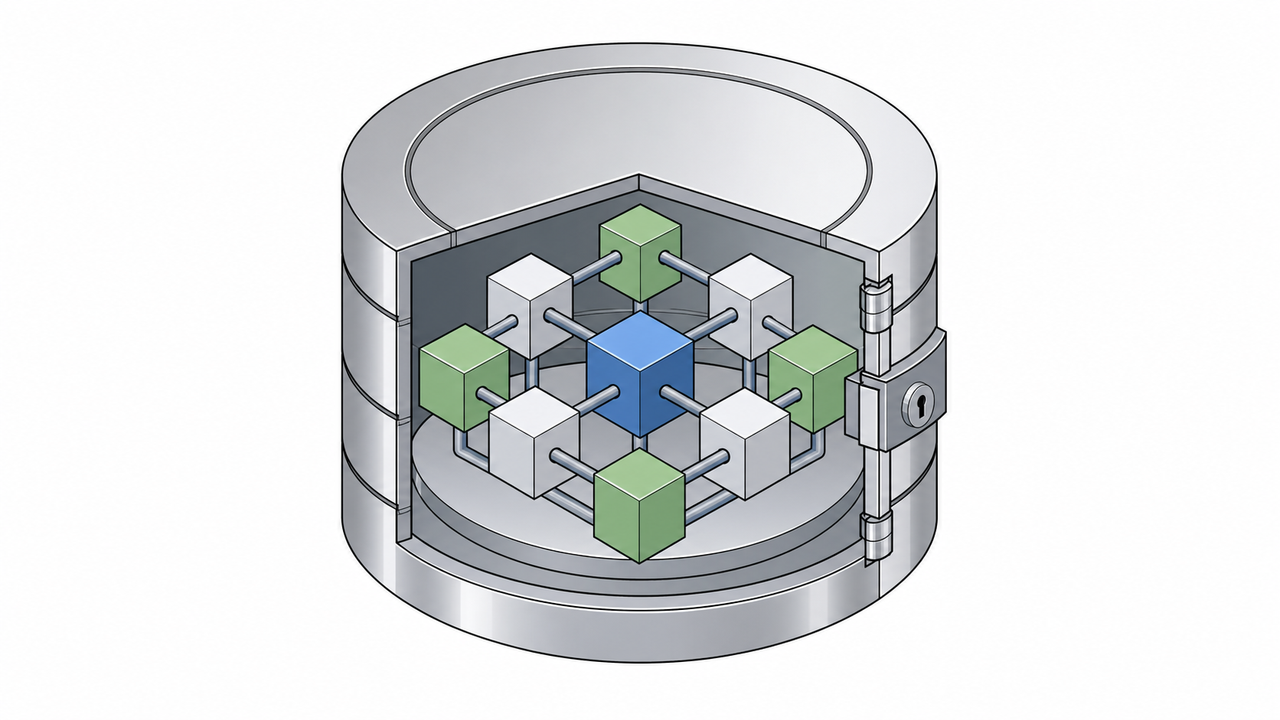 Minimalist technical illustration of a database cylinder encapsulating data blocks.