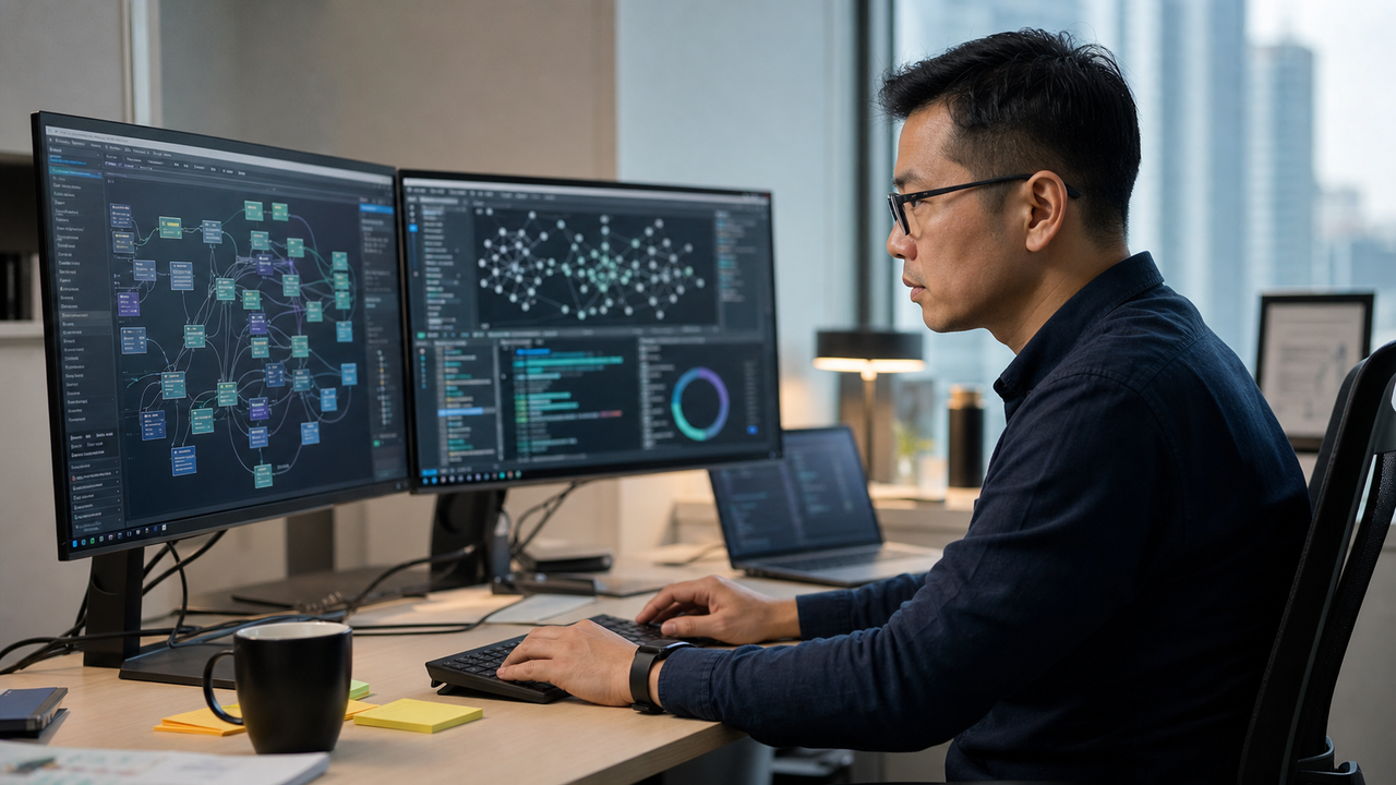 Security professional analyzing system architecture on monitors.