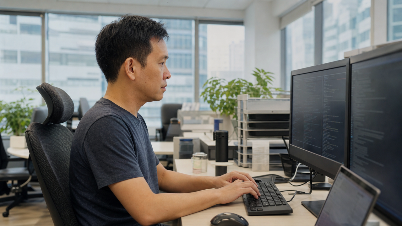 Software engineer analyzing system metrics on multiple monitors in a modern office.