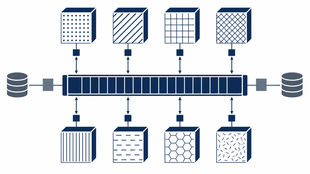 Technical diagram of discrete modular blocks connected by a central messaging queue.