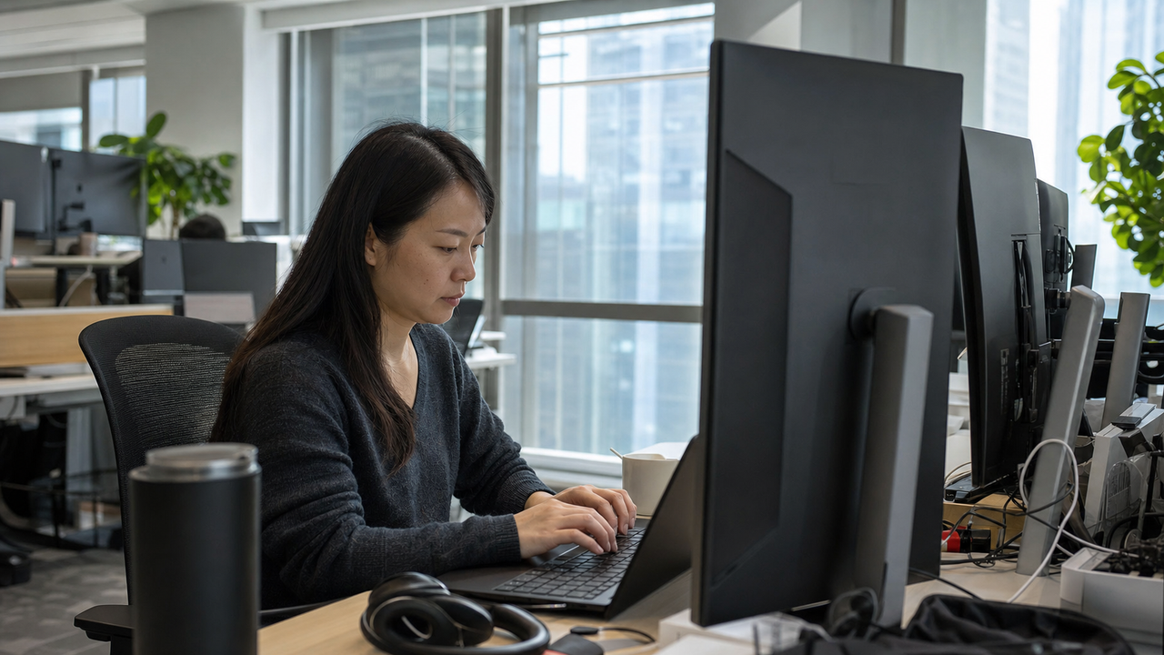 Female software engineer working intently at a multi-monitor setup in an office.
