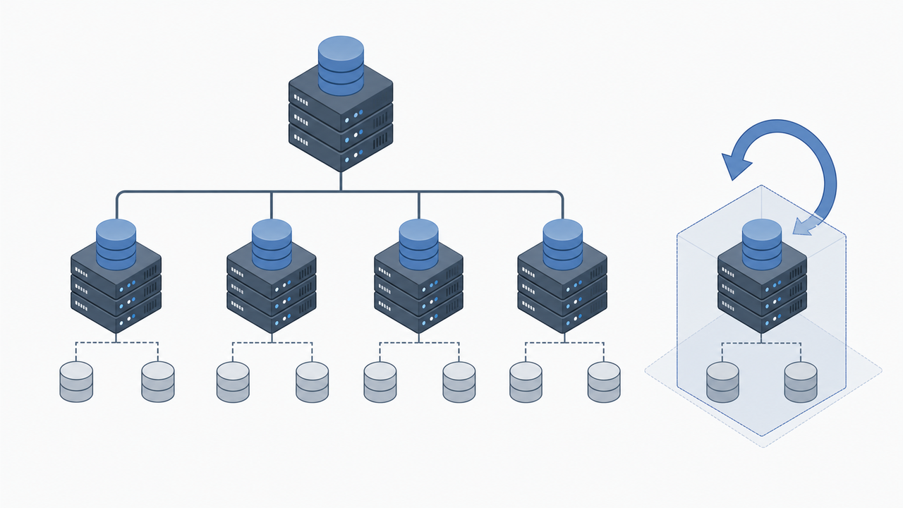Isometric technical illustration of a database node isolated within a containment boundary.