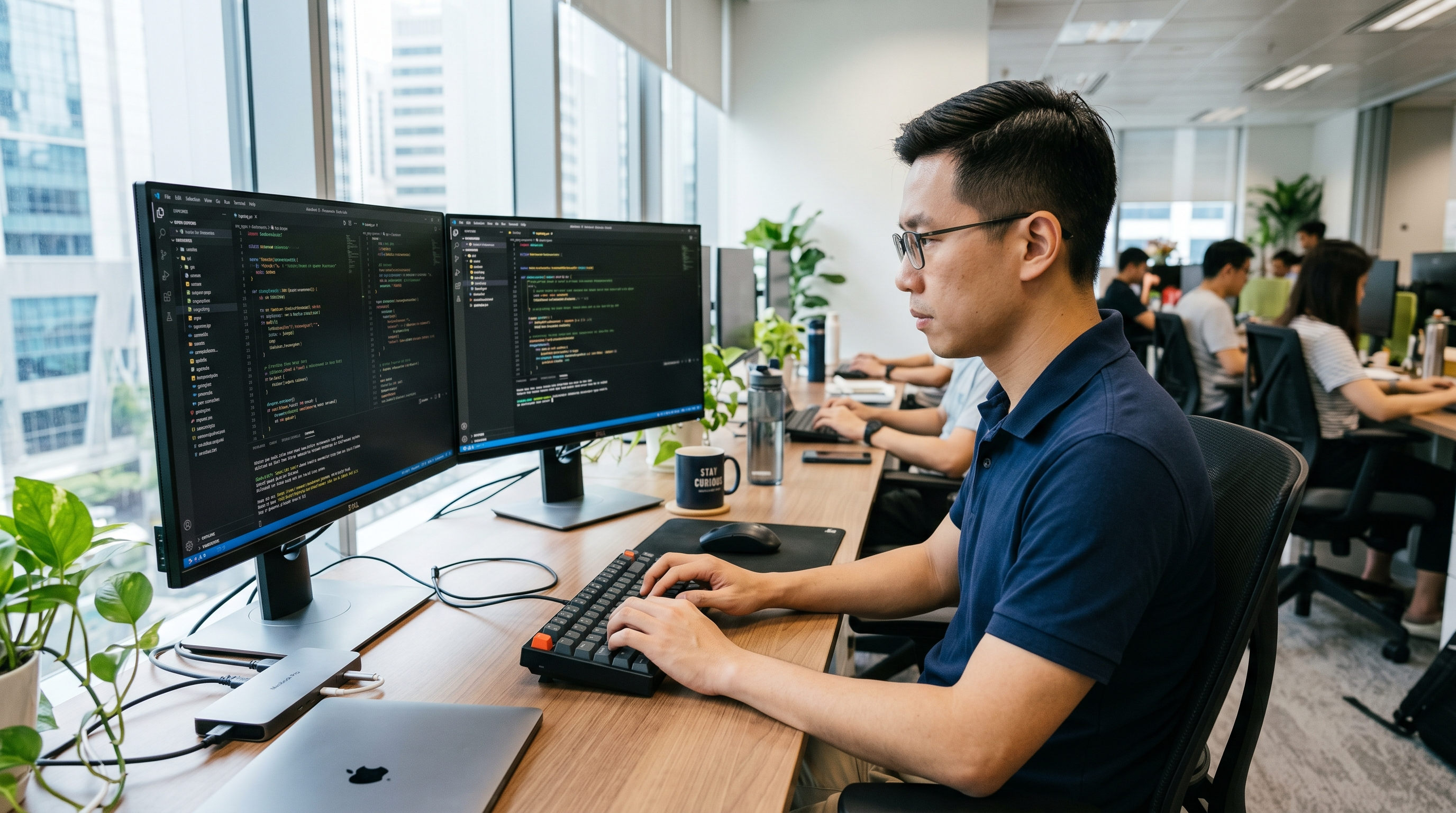 Singapore Chinese engineer working at a dual-monitor desk in a modern office.