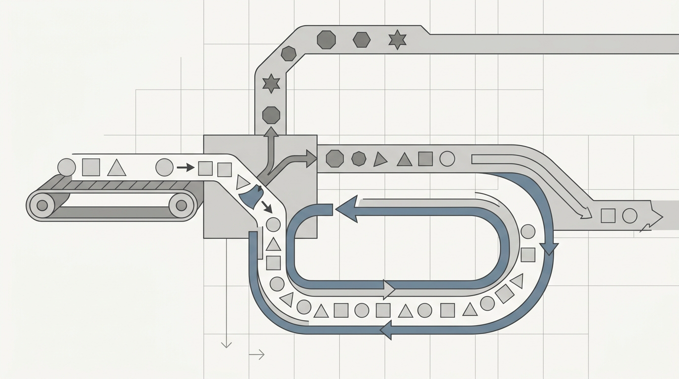 Technical illustration of a central junction routing geometric shapes into two paths.