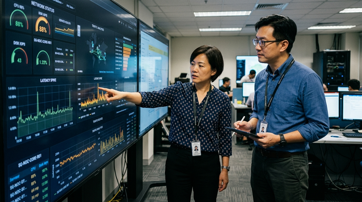 Two IT professionals discussing data on a large monitor in an operations center.
