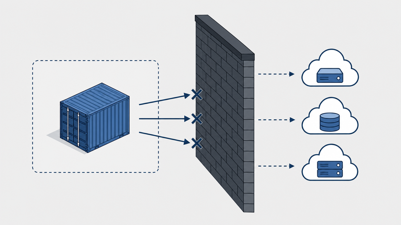 Technical illustration showing blocked network egress from an isolated container.