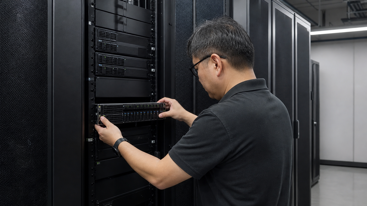 IT professional adjusting hardware in a modern server room.