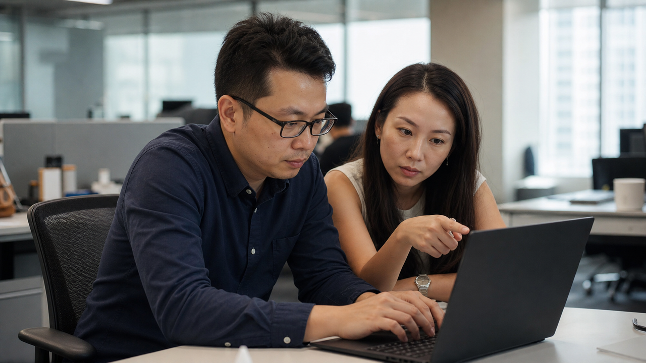 Two IT professionals debugging a system issue on a laptop in a modern office.