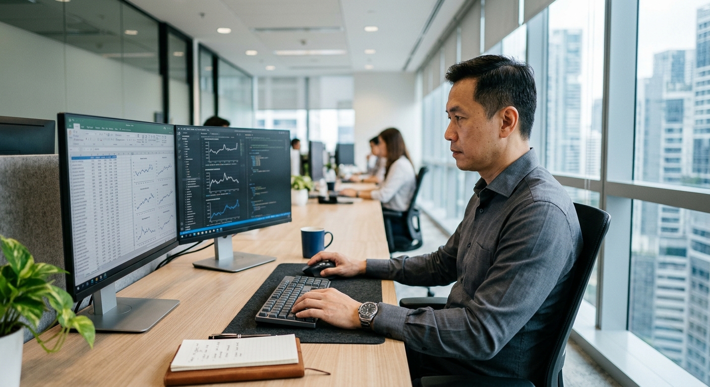 Singapore Chinese finance professional reviewing data on dual monitors.