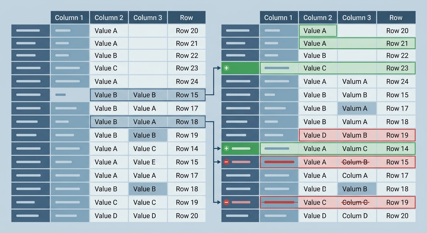 Technical illustration of side-by-side data grids showing cell-level state changes.