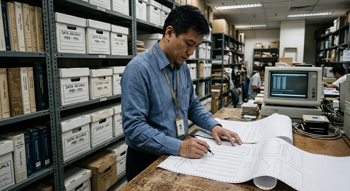 Researcher reviewing continuous-feed paper printouts in a quiet computing archive.
