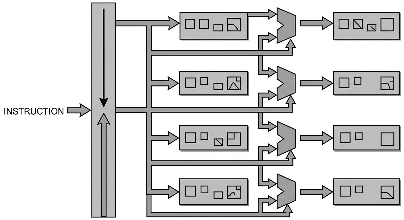 Technical illustration of parallel processing streams in a matrix grid architecture.