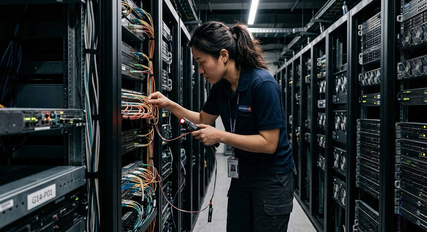 Systems engineer inspecting hardware cables in a high-density data center server aisle.