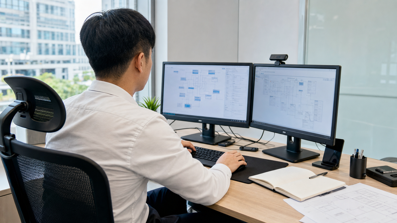 Singaporean professional working on data flow diagrams at a dual-monitor desk.