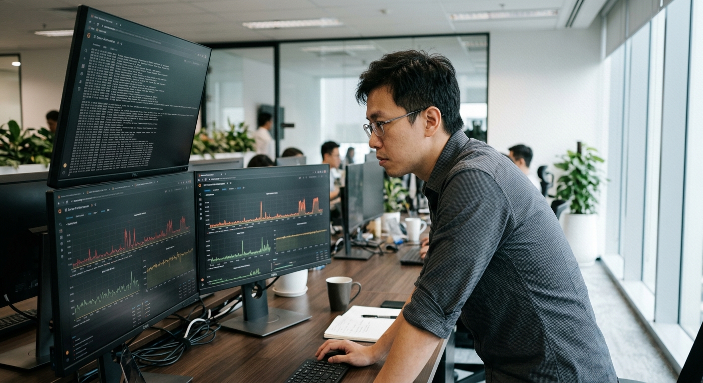 Singapore Chinese software architect reviewing latency graphs on multi-monitor setup