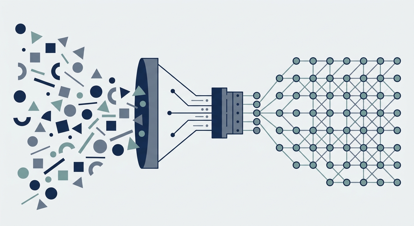 Technical illustration of raw data being filtered into an organized node network