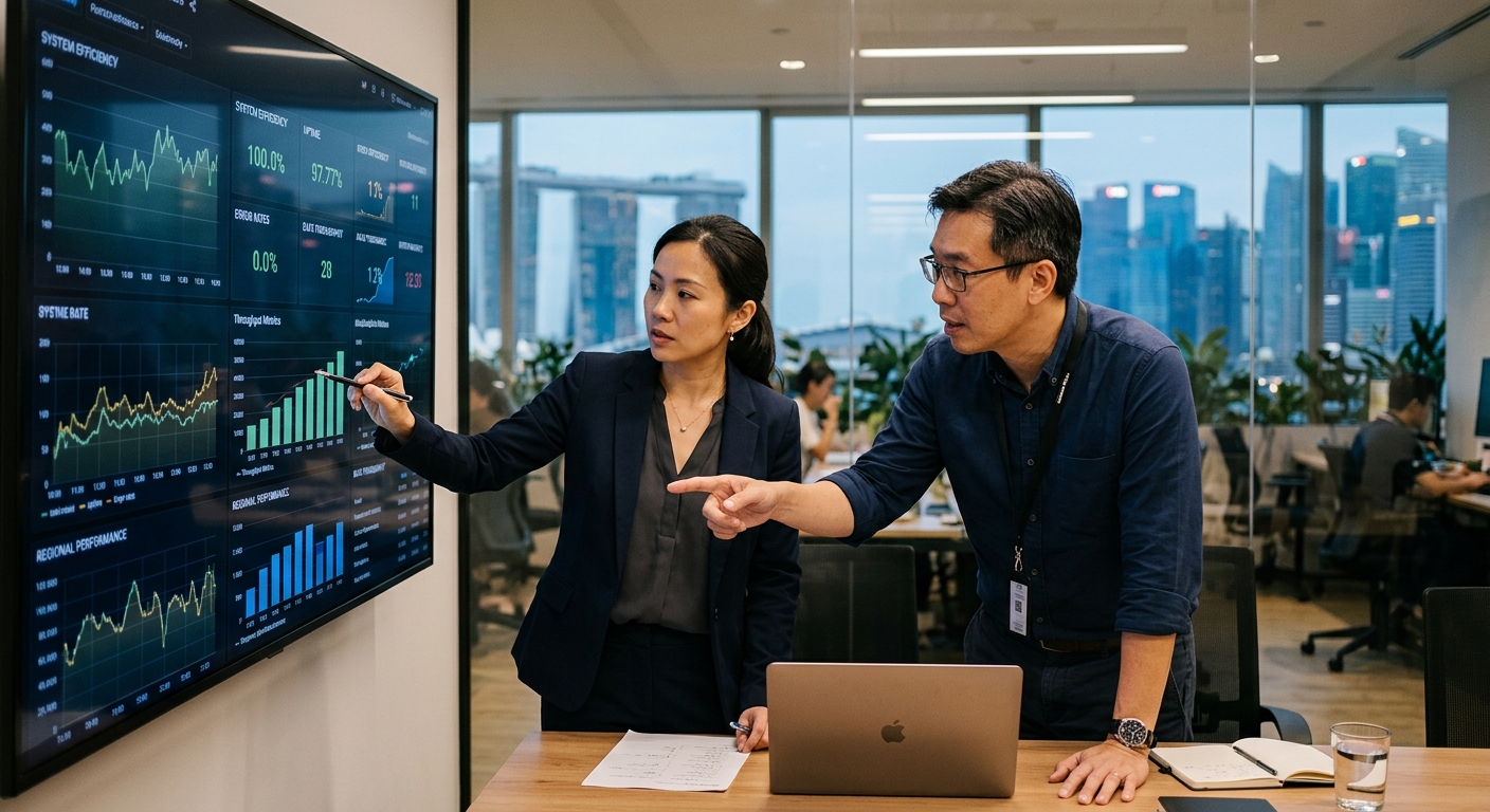 Two professionals analyzing performance metrics on a large digital display