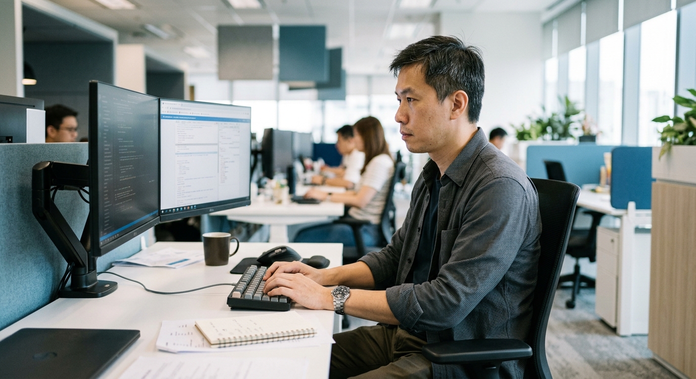 Software engineer working focused at a dual-monitor workstation in a bright office.