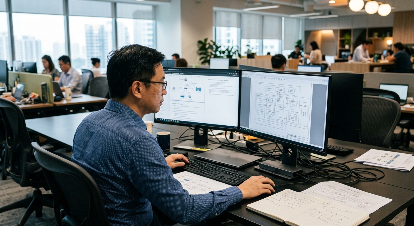 An engineer intently reviewing system architecture on a dual-monitor workstation.