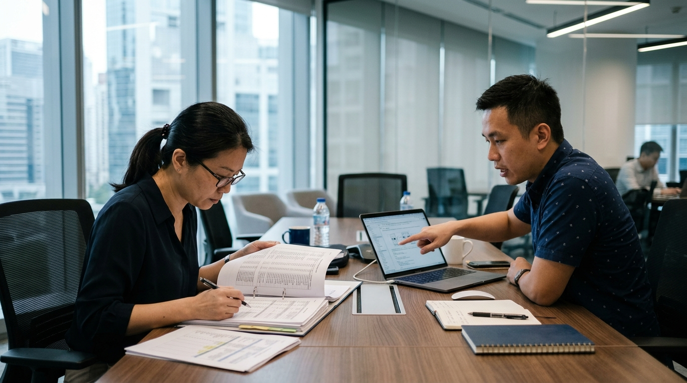 Two professionals reviewing a laptop screen in a modern corporate meeting room.