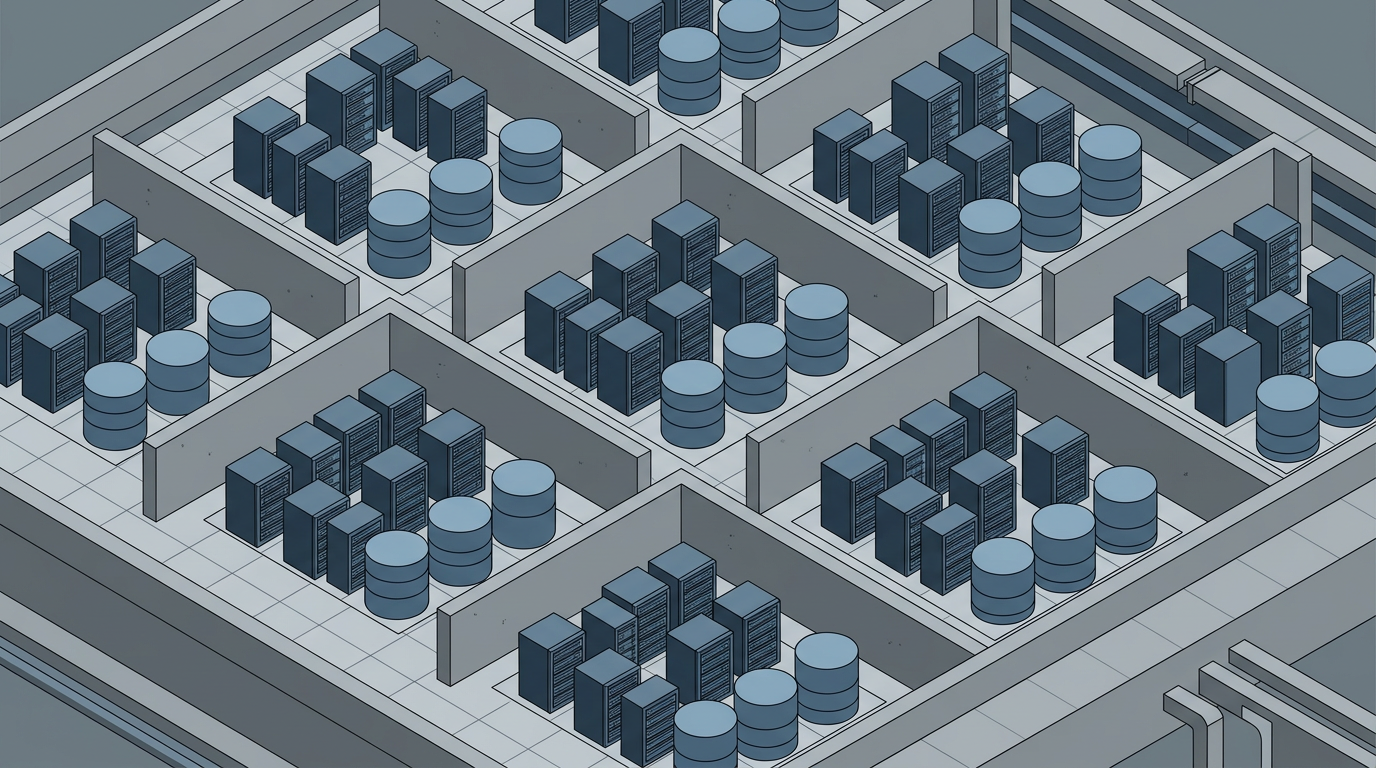 Isometric technical diagram showing separate database nodes divided by solid walls.