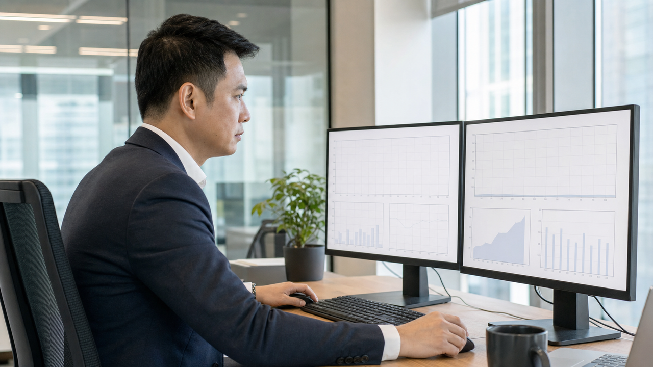 Finance professional reviewing infrastructure charts on dual monitors.