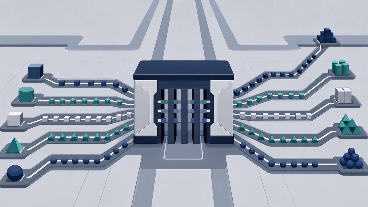 Technical illustration of a central digital gateway routing data pipelines.