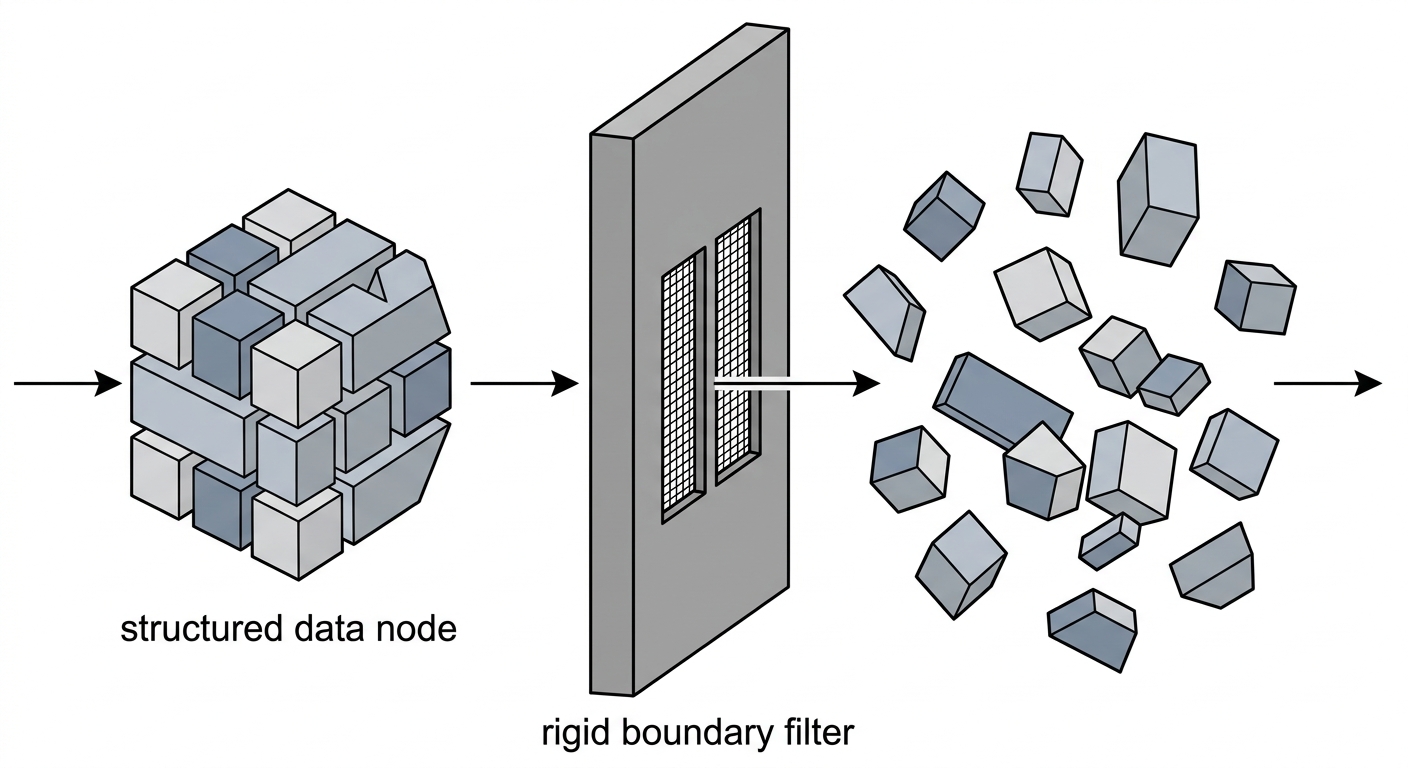 Technical illustration of a data node fracturing at a rigid filter.