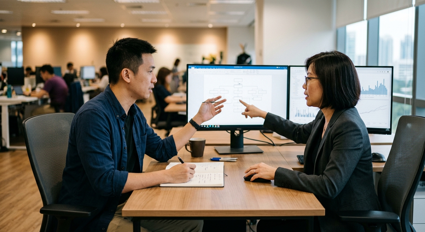 Two engineers reviewing blank structural charts on monitors.