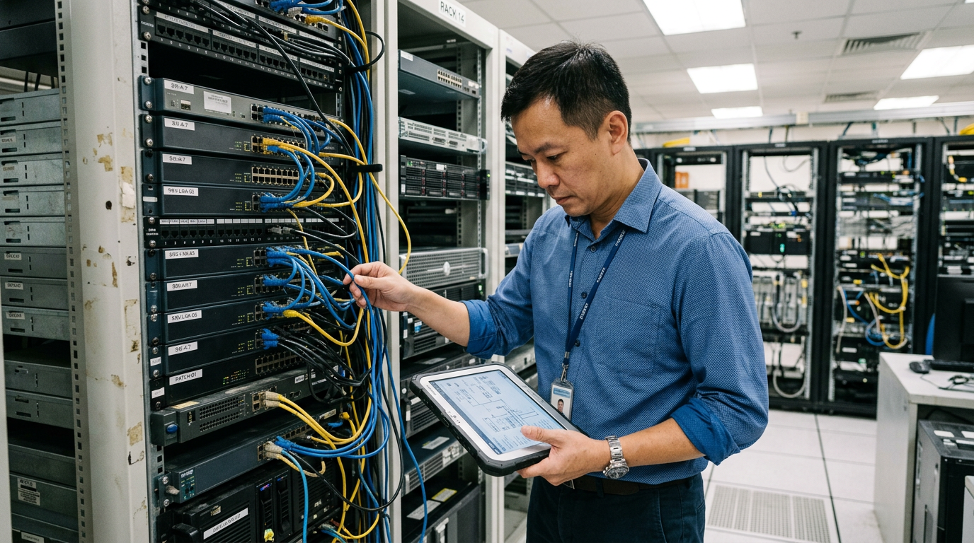 IT professional inspecting server rack cabling in a data center.