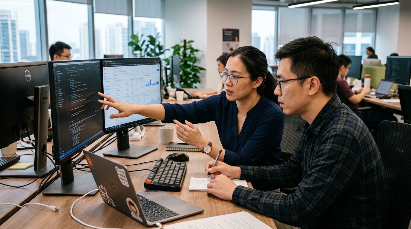 Two engineers reviewing software on dual monitors at a desk.