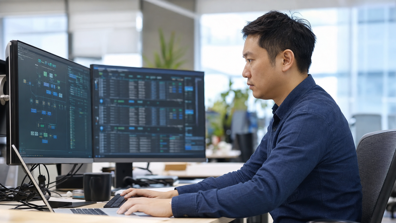 Engineer analyzing system architecture and budget constraints at a desk.