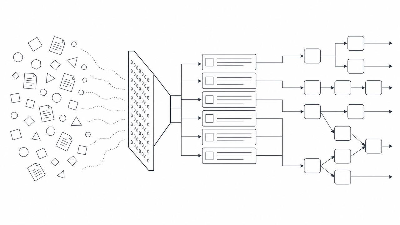 Technical illustration showing unstructured data converted into structured nodes.