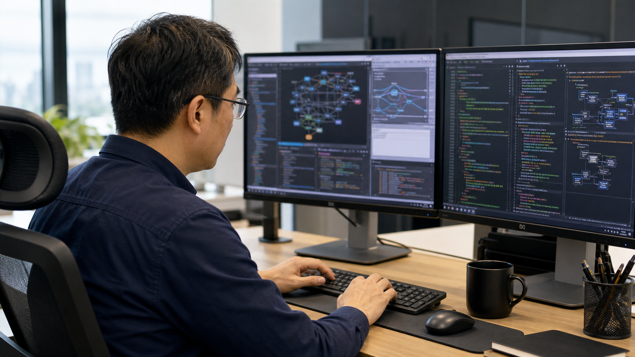 Software architect reviewing system state data on dual monitors.