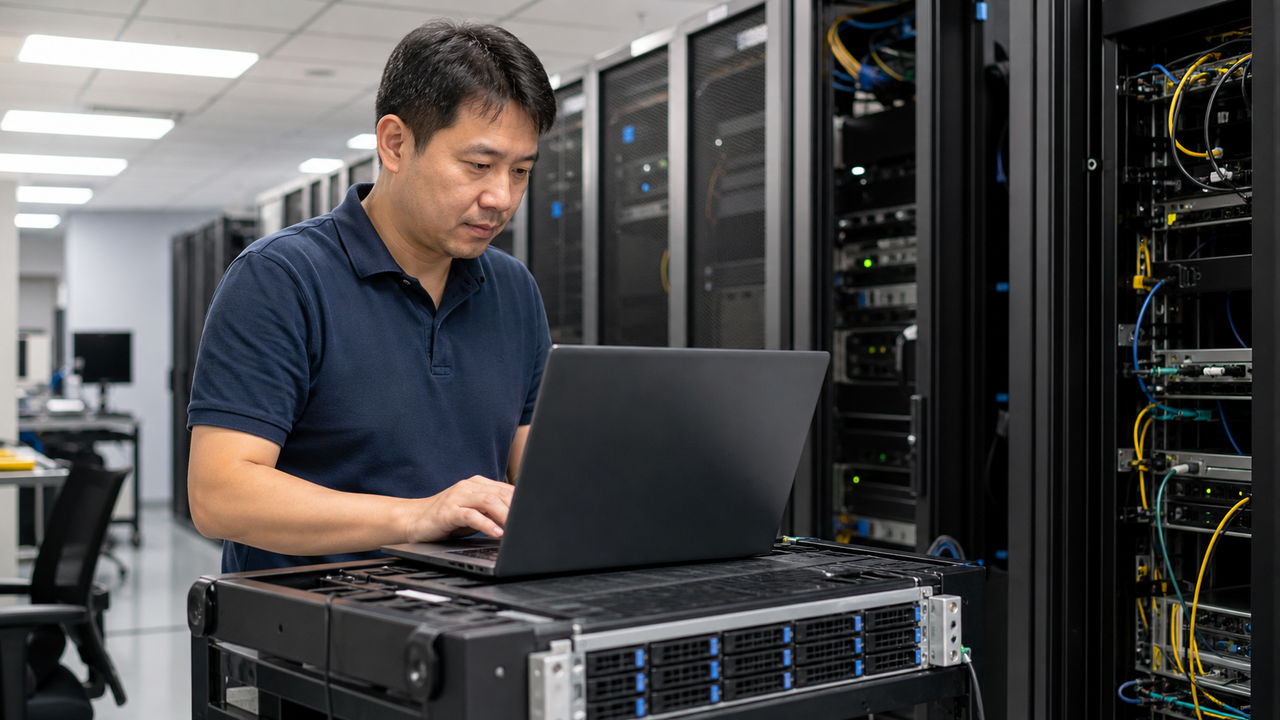 IT administrator configuring workstation policies on a laptop in a server room.