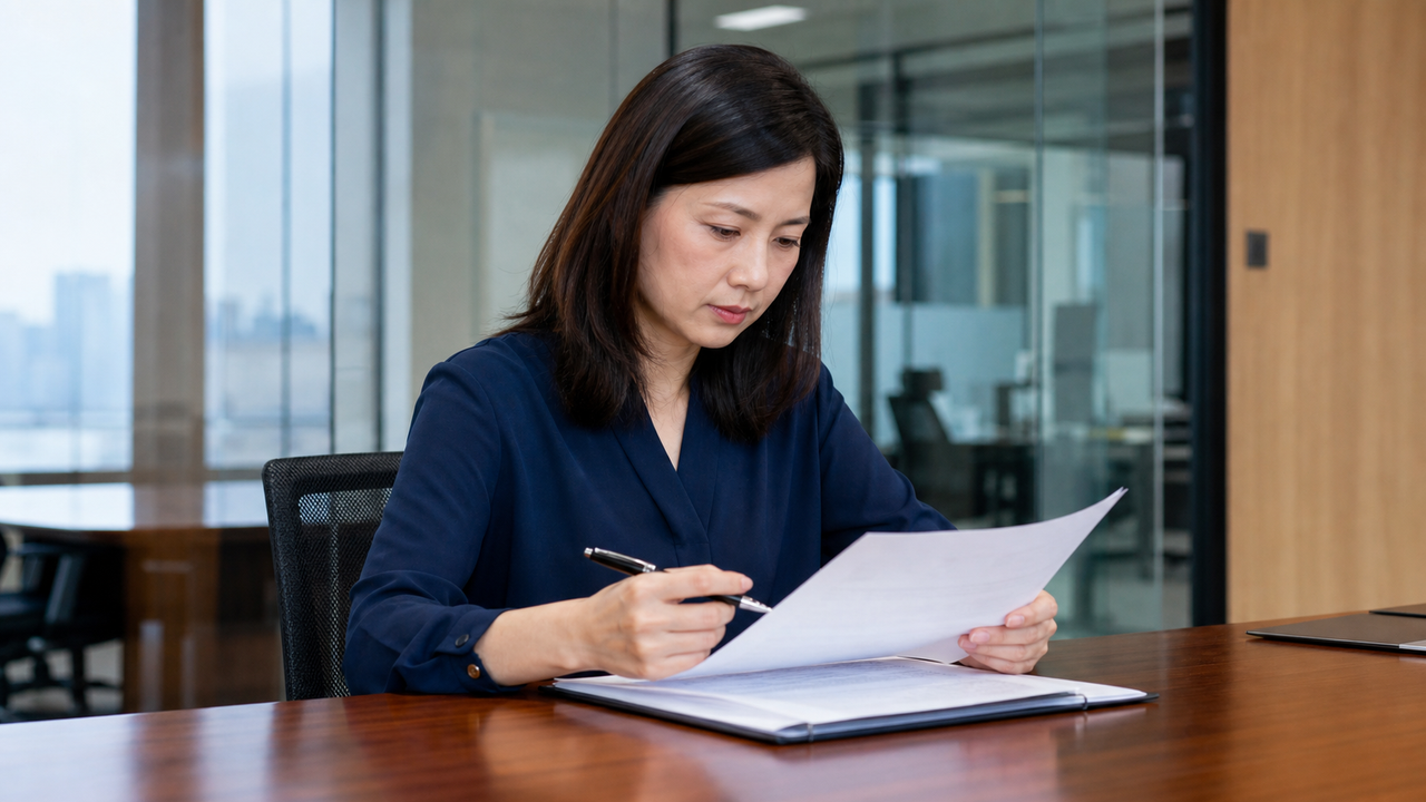Professional woman reviewing a printed legal document at a conference table.